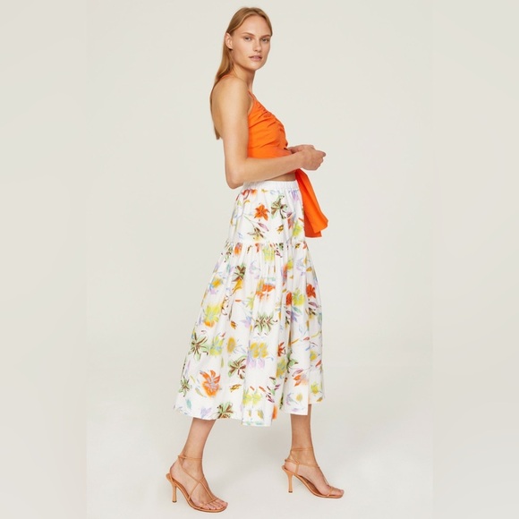 Tanya Taylor Lara White Floral Multicolor Cotton Tiered A-line Midi Skirt EUC XL - Picture 2 of 12